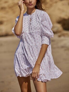 PQ Swim White Mini Tiered Midi Dress with Pink Dot Print